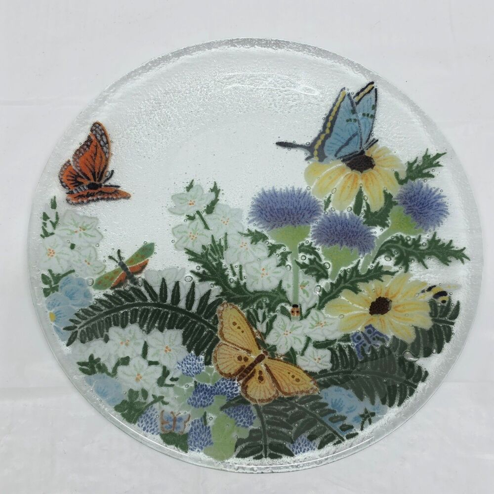 Peggy Karr Fused Art Glass Plate 11" Flowers Butterflies Spring Summer Decor